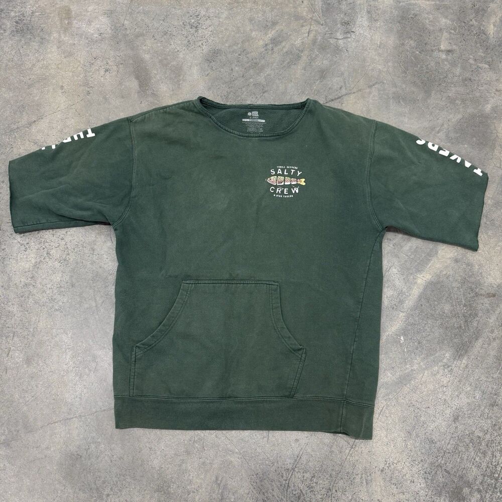 Salty Crew Green Fleece Pullover Cutoff Hoodie Men's XL Fish Graphic Print